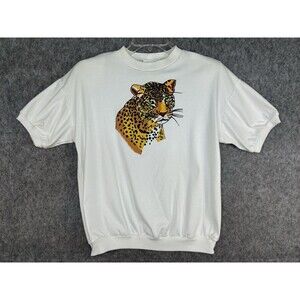Vtg Pierre Lamonte Women’s Cheetah Graphic Print Short Sleeve Blouse Top Medium